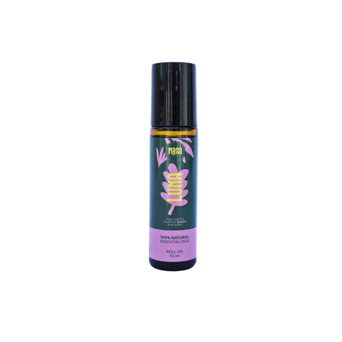 Manna LUNA aroma roller, a 10 ml amber glass bottle with a dark green and pink label