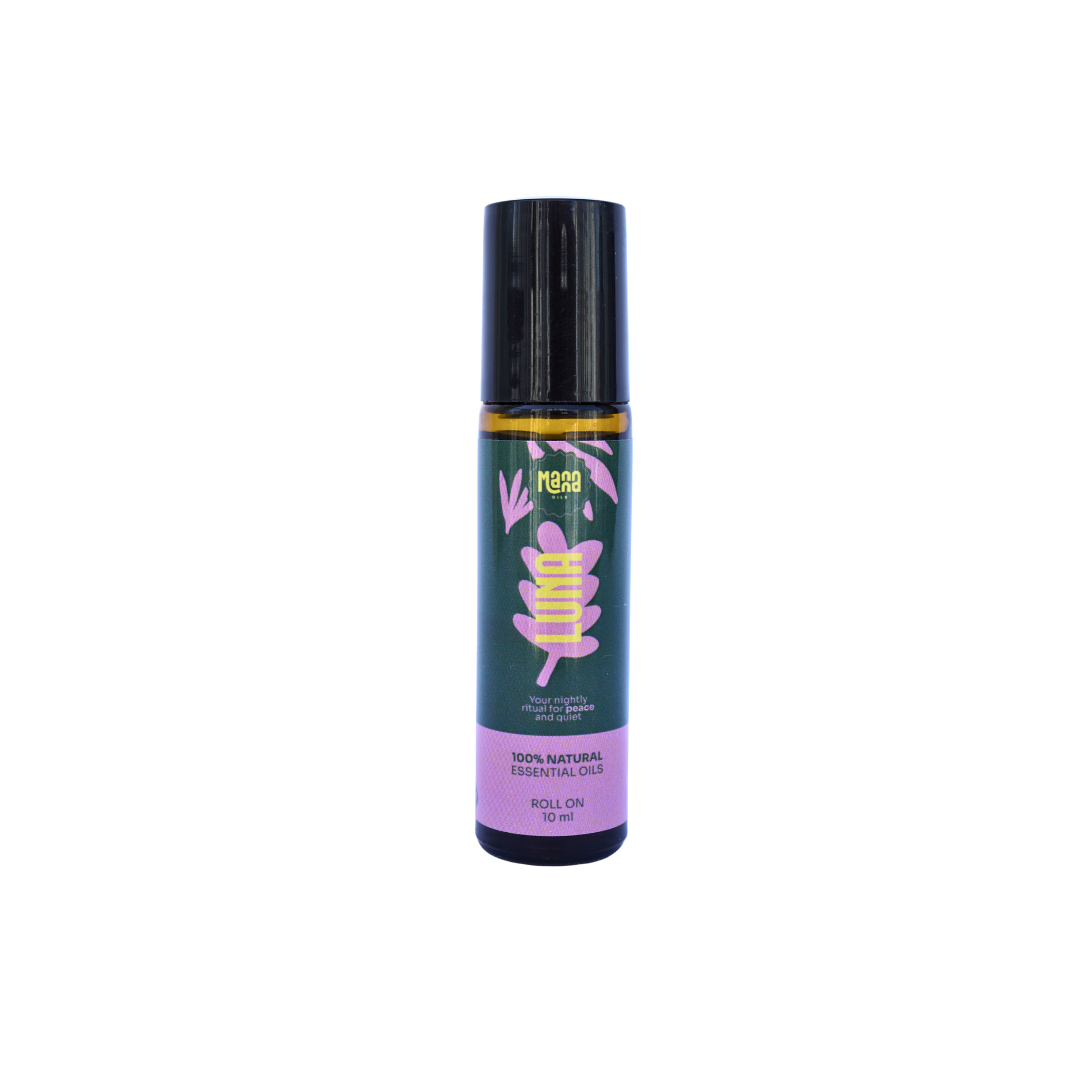 Manna LUNA aroma roller, a 10 ml amber glass bottle with a dark green and pink label