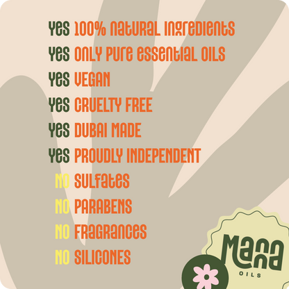 Manna aroma roller promises: 100% natural ingredients, only pure essential oils, vegan, cruelty free, Dubai made and proudly independent, with no sulfates, parabens, fragrances or silicones