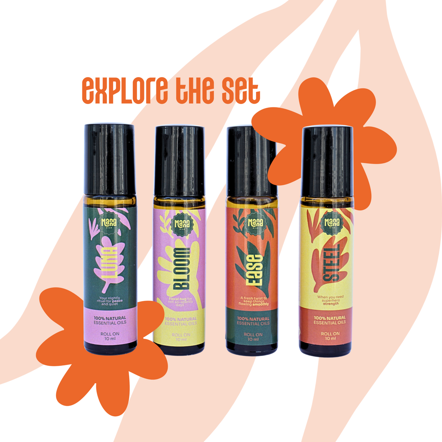 The four Manna aroma rollers together: LUNA, BLOOM, EASE and STEEL