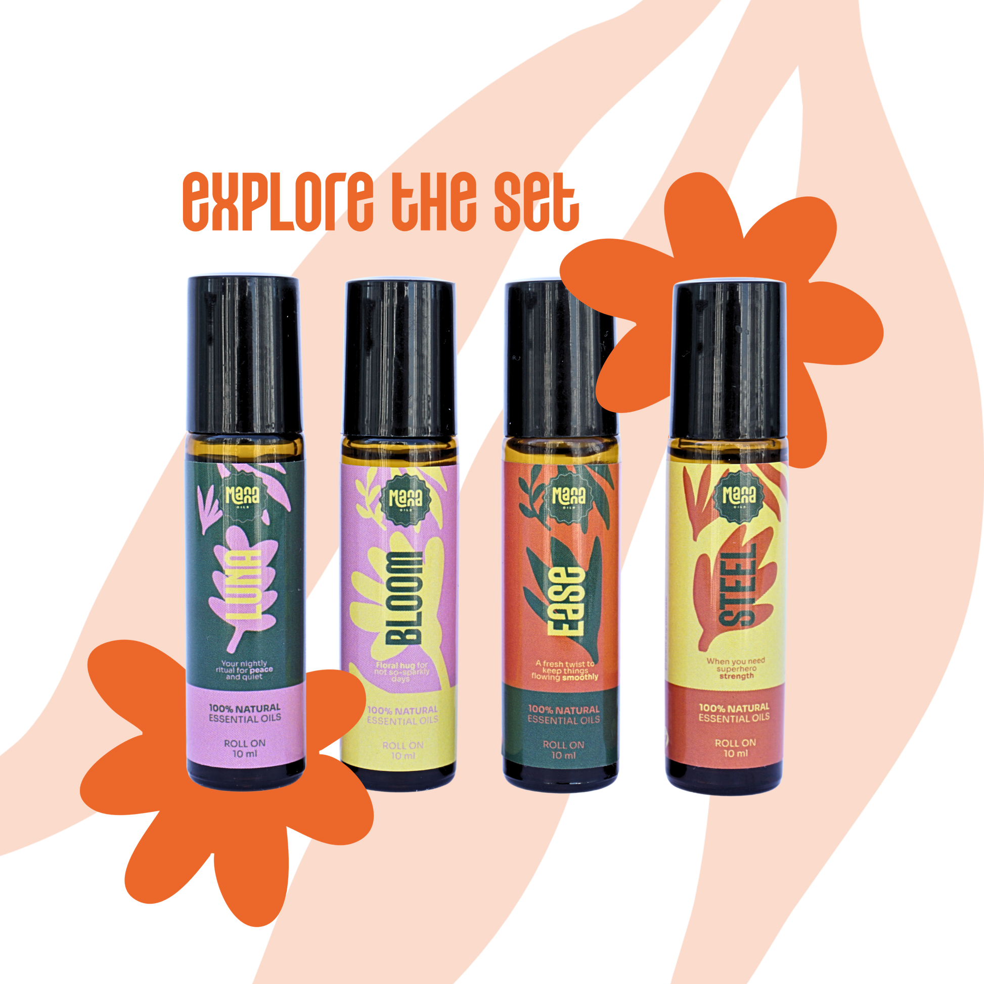 The four Manna aroma rollers together: LUNA, BLOOM, EASE and STEEL