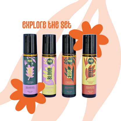 The four Manna aroma rollers together: LUNA, BLOOM, EASE and STEEL