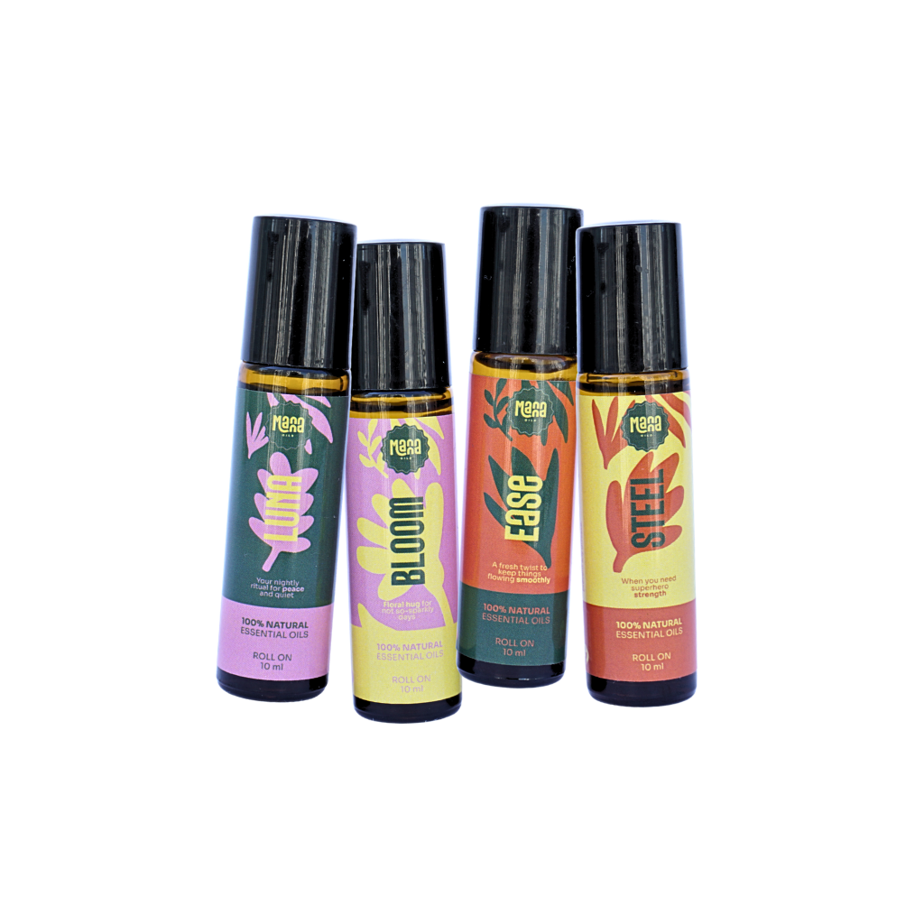 The Manna Aromatherapy Set: the LUNA, BLOOM, EASE and STEEL aroma rollers together
