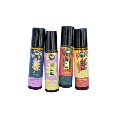 The Manna Aromatherapy Set: the LUNA, BLOOM, EASE and STEEL aroma rollers together