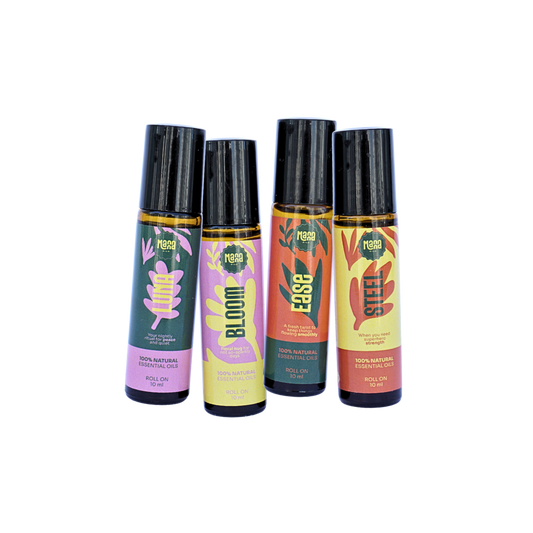 The Manna Aromatherapy Set: the LUNA, BLOOM, EASE and STEEL aroma rollers together