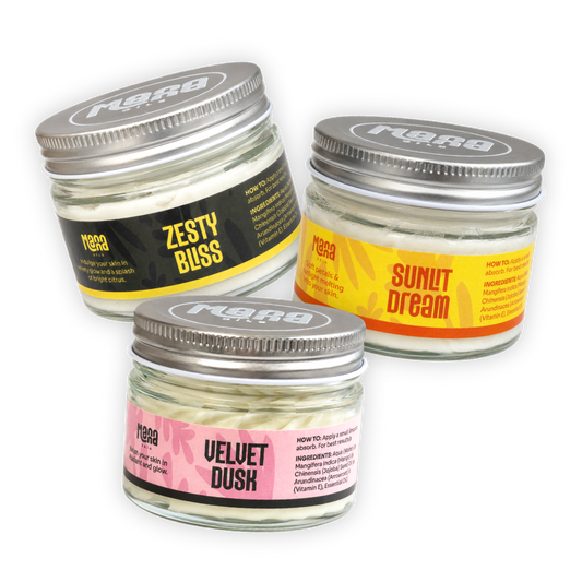 All three Manna body butters together: Zesty Bliss, Sunlit Dream and Velvet Dusk
