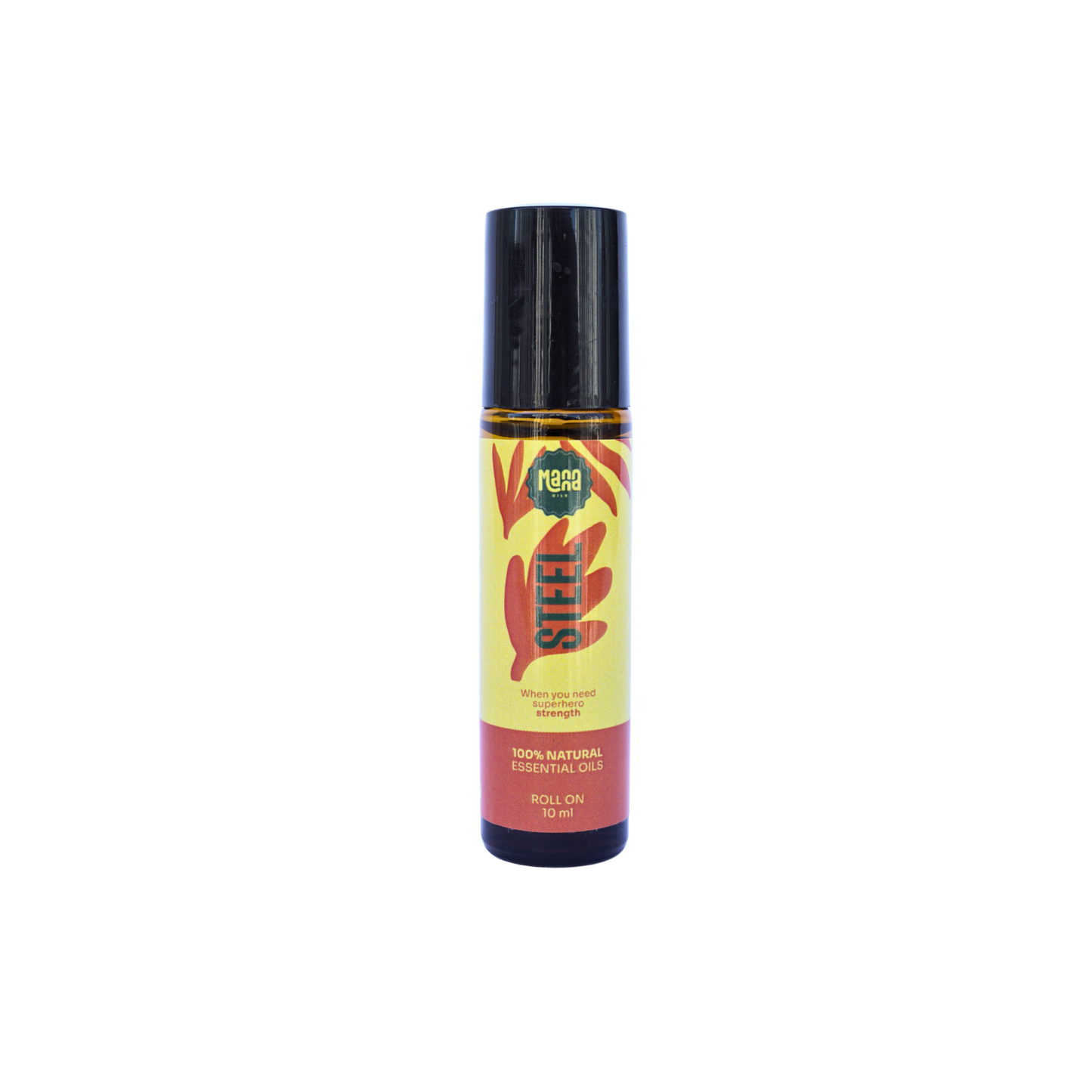 Manna STEEL aroma roller, a 10 ml amber glass bottle with a yellow and orange label