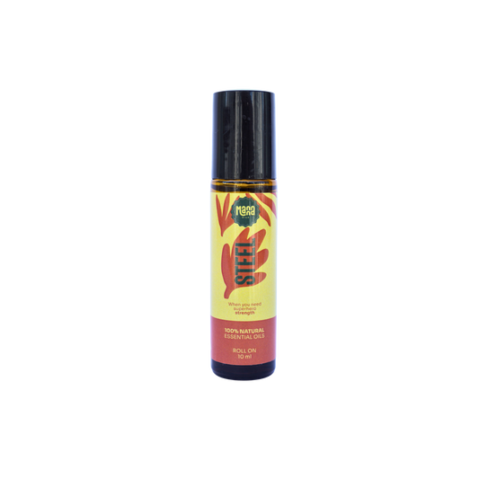 Manna STEEL aroma roller, a 10 ml amber glass bottle with a yellow and orange label