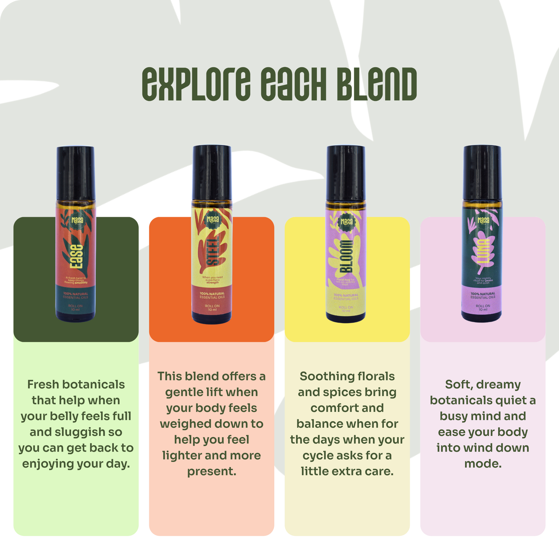 The four aroma rollers with a note on each: EASE for a full, sluggish belly, STEEL for a body that feels weighed down, BLOOM for cycle comfort, and LUNA for winding down