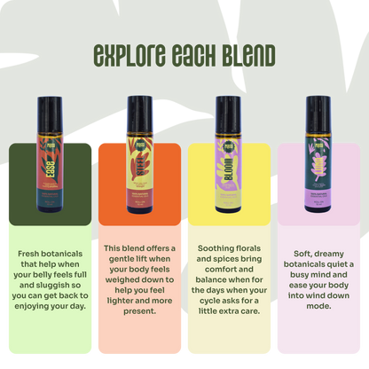 The four aroma rollers with a note on each: EASE for a full, sluggish belly, STEEL for a body that feels weighed down, BLOOM for cycle comfort, and LUNA for winding down