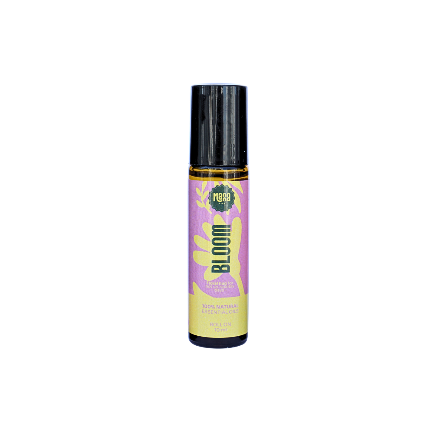 Manna BLOOM aroma roller, a 10 ml amber glass bottle with a pink and yellow label