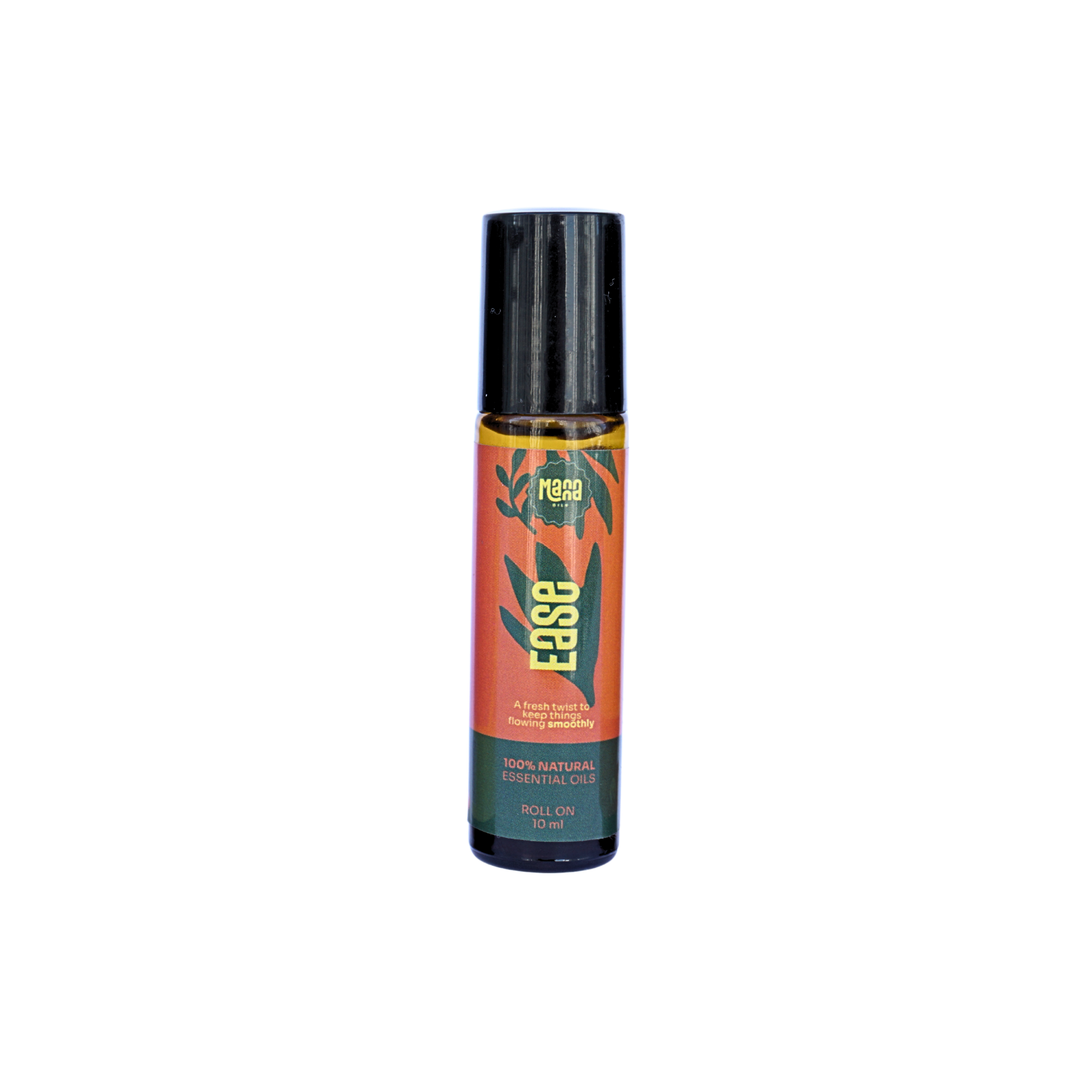 Manna EASE aroma roller, a 10 ml amber glass bottle with an orange and green label