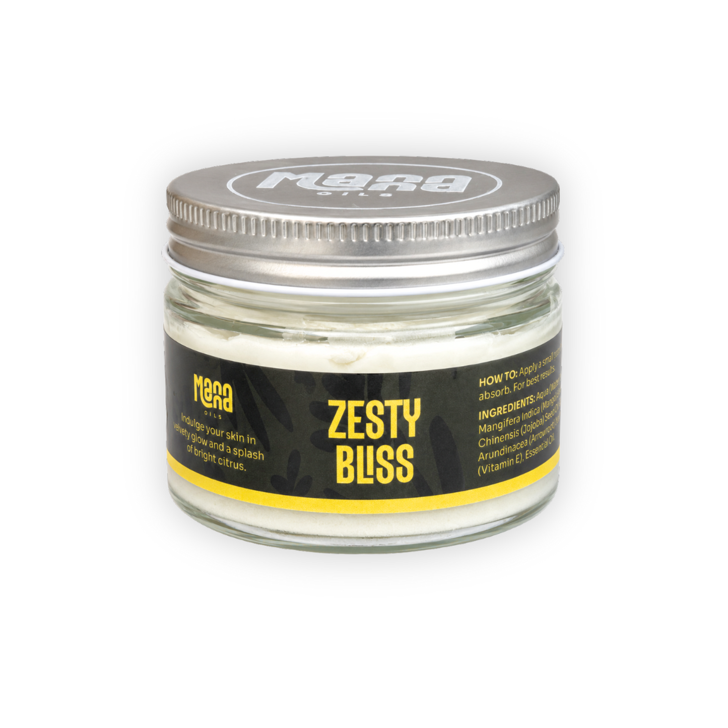 Manna Zesty Bliss body butter in a clear glass jar with a silver lid and a dark green label