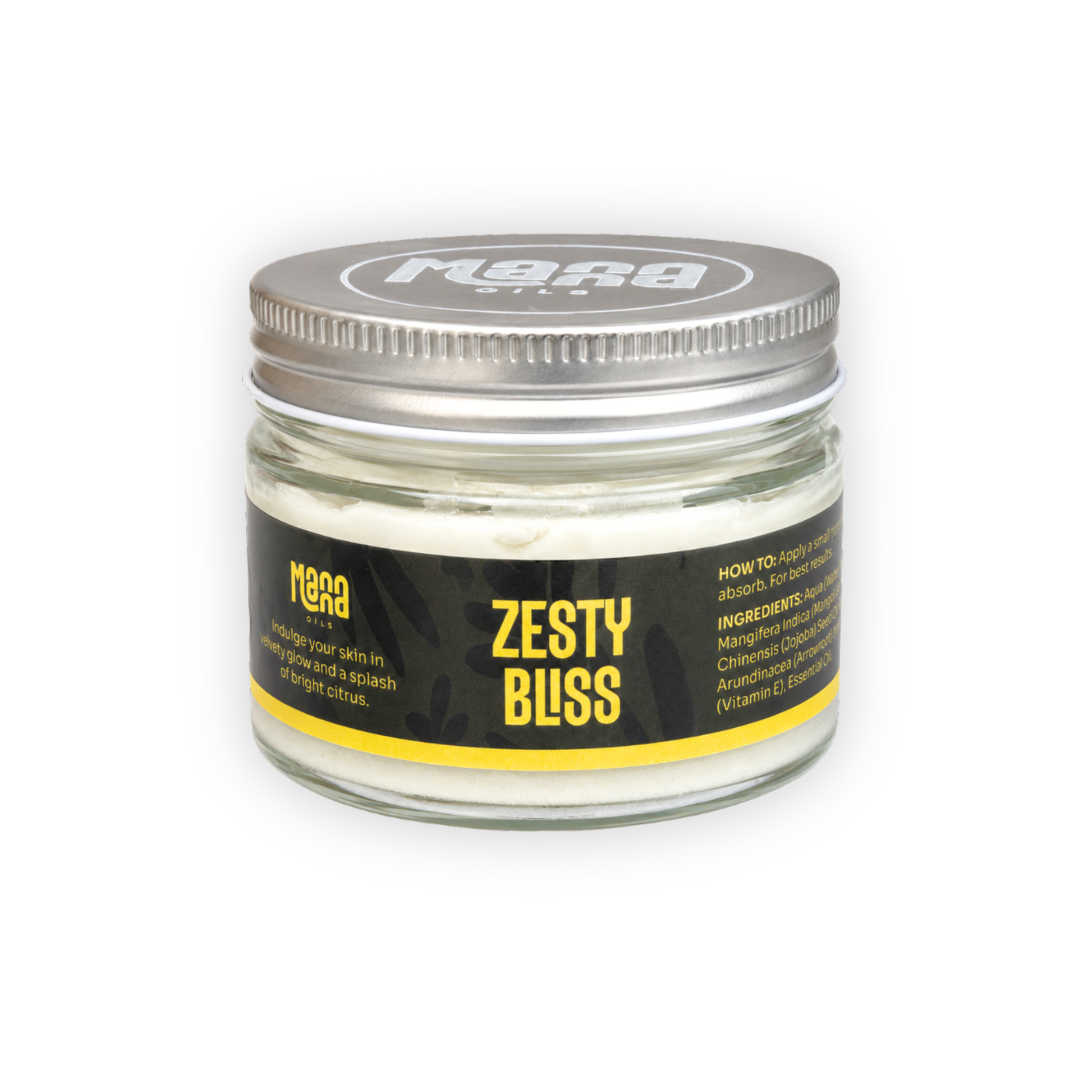 Manna Zesty Bliss body butter in a clear glass jar with a silver lid and a dark green label