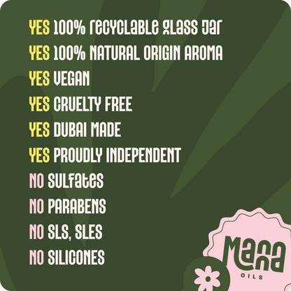 Manna body butter promises: recyclable glass jar, natural origin aroma, vegan, cruelty free, Dubai made and proudly independent, with no sulfates, parabens, SLS, SLES or silicones