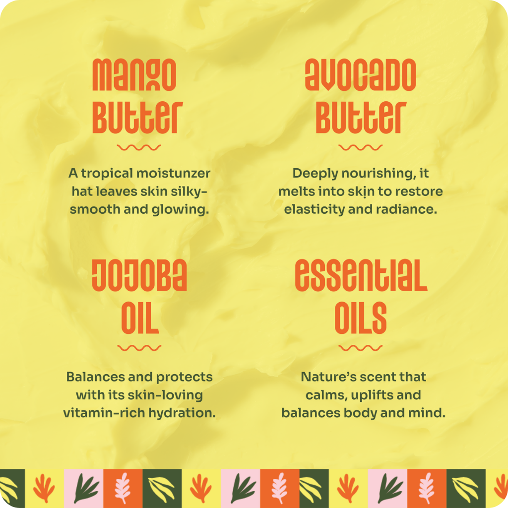 What goes into Manna body butter: mango butter, avocado butter, jojoba oil and essential oils, and what each one does for skin